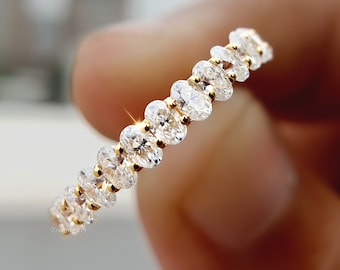 Unique Oval Diamond Wedding Band Woman, Solid Yellow Gold Band, Vintage Half Eternity Moissanite Wedding Band Woman, Black Friday sale