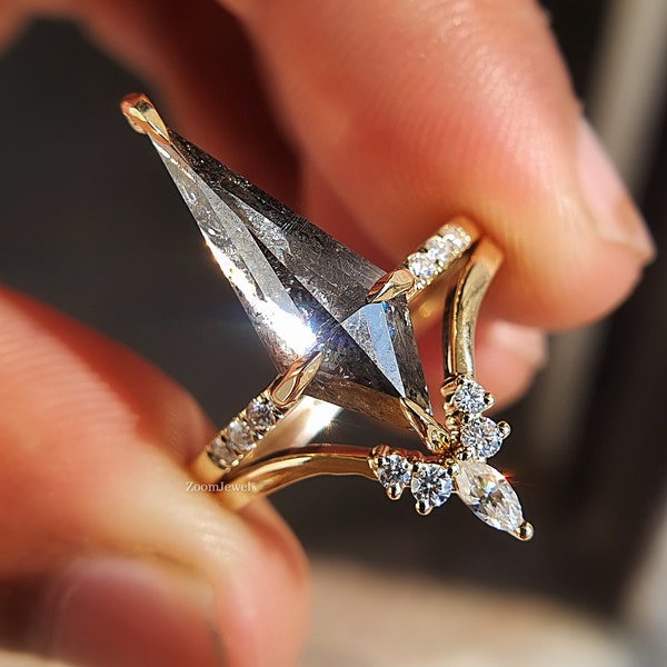 Salt and Pepper Diamond Ring Set| Engagement Ring and Wedding Band Set| Kite Salt Diamond Ring| Black Salt and Pepper Ring Set| Art Deco
