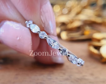 Marquise Round Diamond Wedding Ring - Half Eternity Band. Available in 14k, 18k Gold or Platinum. Anniversary Gifts Rings, White Gold Bands