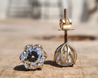 Europäische Ohrringe | Tulpe Ohrstecker | OEC Moissanit Ohrringe | 14k Gold Edwardian Stil Ohrringe | Zinken Set Ohrring| Versprechen Ohrring Geschenke