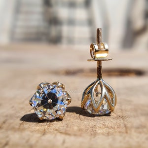 European Earrings| Tulip Earring Studs| OEC Moissanite Earrings| 14k Gold Edwardian Style Earrings| Prong Set Earring| Promise Earring Gifts
