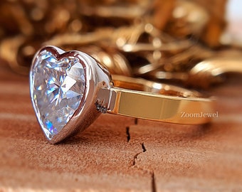 3.0CT Two Tone Engagement Ring Heart Cut Moissanite Diamond Ring Gorgeous Bezel Set Solitaire Wedding RingAntique Thick Band Engagement Ring