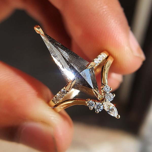 Salt and Pepper Diamond Ring Set| Engagement Ring and Wedding Band Set| Kite Salt Diamond Ring| Black Salt and Pepper Ring Set| Art Deco