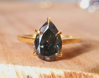 14k Salt and Pepper Diamond Ring| Engagement Ring| Pear Diamond Ring| Pear Gold Ring| Prong Set Ring| Solitaire Diamond Ring| Promise Ring