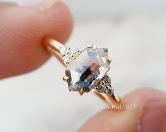 Anel de diamante saleiro e pimenteiro 14k | Anel de noivado hexagonal de moissanita | Anel de diamante antigo | Anéis de três pedras | Anel saleiro e pimenteiro