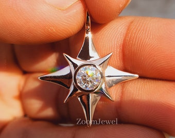 Starburst Pendant, Handmade Pendant For Engagement Gift, Moissanite Diamond Sun Pendant, North Star Pendant, 14k Rose Gold Antique Pendant