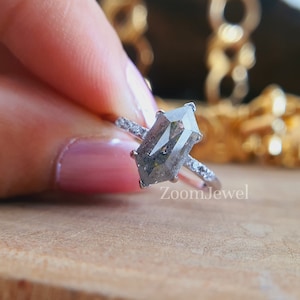 Hexagon Ring| Salt and Pepper Diamond Ring| Unique Engagement Jewelry| Rustic Gray Diamond| Minimalist Band Setting| Alternative Bridal Gift