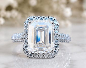 Emerald Cut Halo-verlovingsring, effenen trouwring, Moissaniet-ring voor vrouwen, sterlingzilveren bruidssieraden cadeau voor haar jubileumring