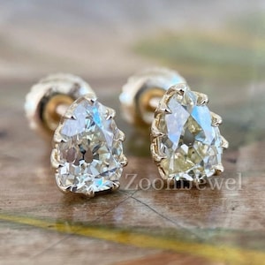 Vintage Old Mine Cut Moissanite Earring| Colored Moissanite Stud Earring| Screw Back Earrings| Tulip Setting Jewelry| Pear Diamond Earrings