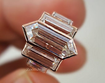 Hexagon Moissanite Engagement Ring, Antique Step Cut Baguette Ring, Bezel Set Rose Gold Ring, Art Deco Bridal Promise Anniversary Gift Ring