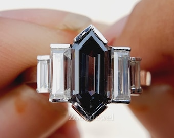 Conjunto de anéis de noivado hexagonais clássicos, anéis de ouro maciço com diamantes sal e pimenta, conjunto exclusivo de anéis de casamento para mulheres, anel de compromisso