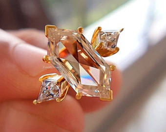 Vintage Elongated Marquise Cut Engagement Ring, Unique Three Stone Moissanite Ring, Art deco Wedding Ring, Antique Kite Cut Engagement Ring