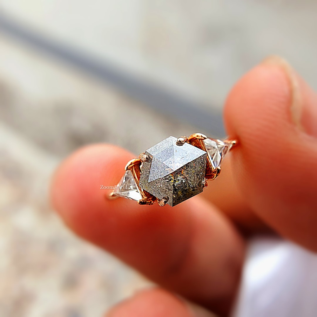 Diamond Pepper Salt Engagement Ring, Salt and Pepper Hexagon Rose Cut