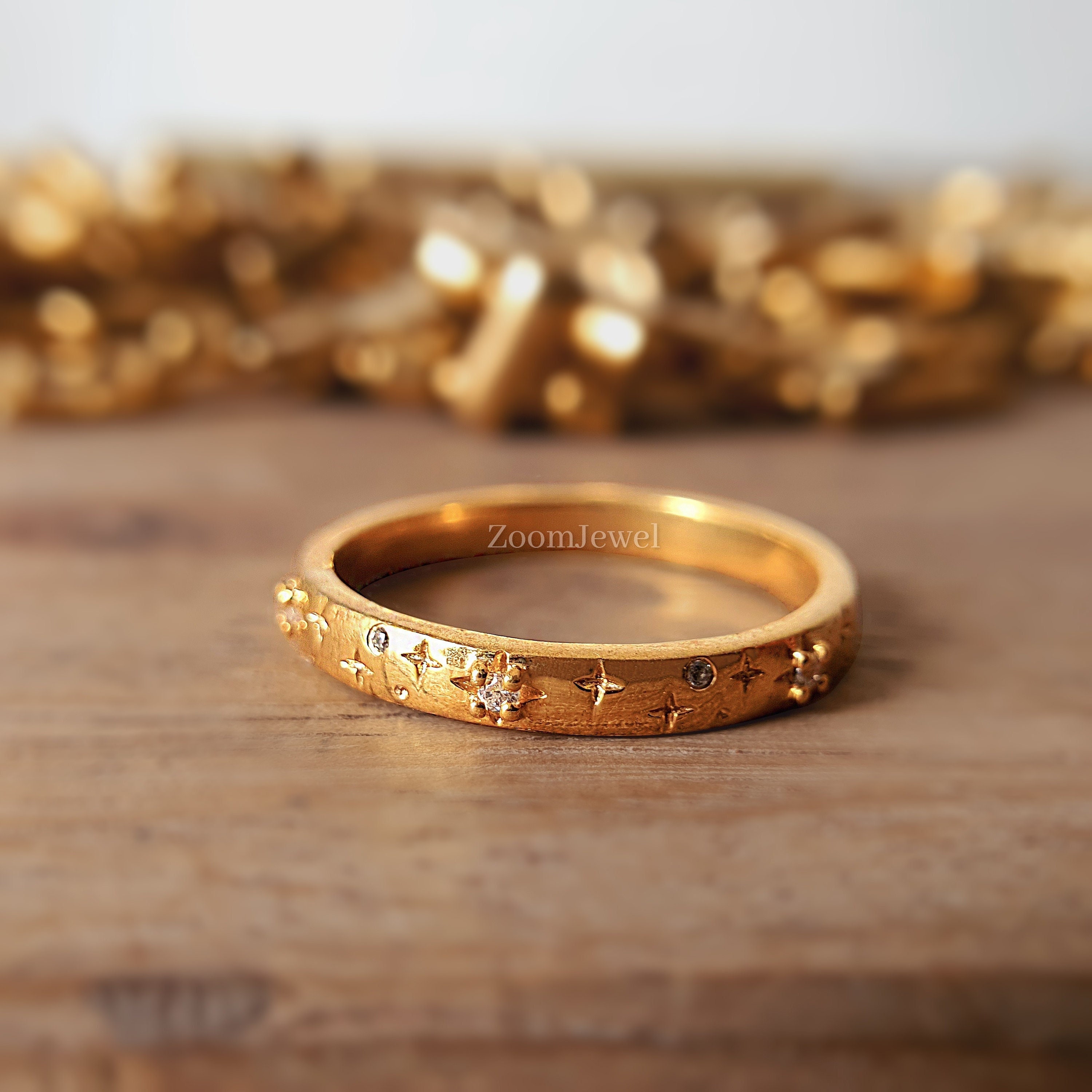 Vintage Moissanite Diamond Star Wedding Band Woman, Stacking Ring, 14k Gold Diamond Band Gift, Thick Gold Band, Unique Matching Wedding Ring