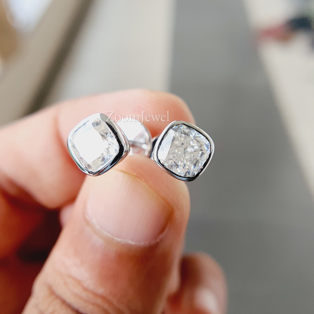 2.0CTW Square Cushion Cut Moissanite Bezel Set Stud Earrings Sterling ...