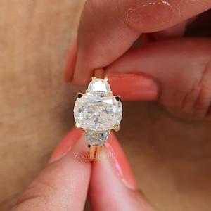 Elongated Cushion Cut Moissanite Ring, 14k Solid Gold 3 Stone Engagement Ring, Side Half Moon Cut Ring, Prong Set Wedding Ring, Thick Band