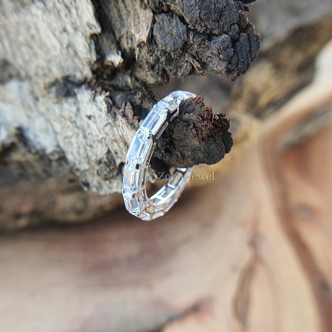 AFFY Emerald Cut CZ Eternity Ring – 14K White Gold Over Sterling Silver, Simulated Aquamarine - View #4