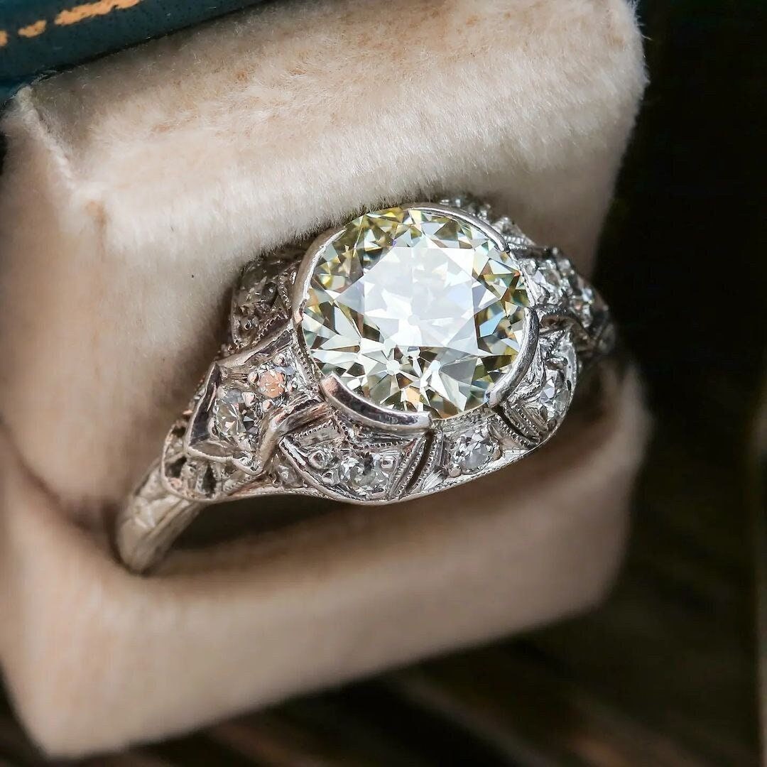 Art Deco Vintage Ring, Old European Cut Diamond Engagement Ring, Solid Gold Cluster Wedding Ring, Edwardian Style Promise Anniversary Ring