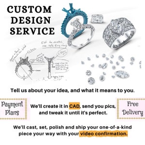 May include: A white gold engagement ring with a large, clear diamond center stone. The ring is surrounded by smaller diamonds. The image also shows a sketch of a ring design and a variety of loose diamonds.