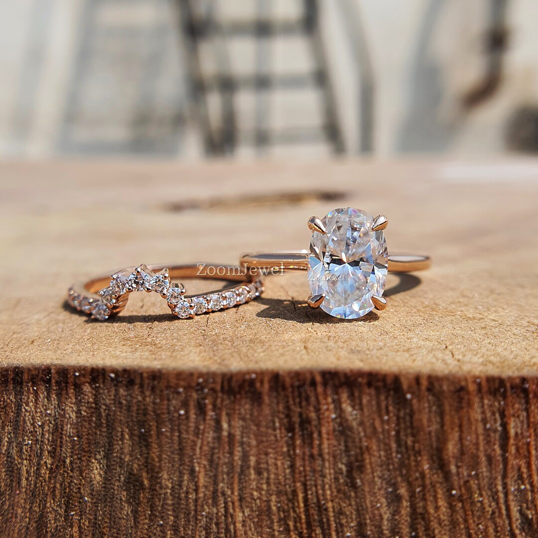 Oval Cut Moissanite Engagement Ring Set 14k Solid Gold Bridal Ring Set ...