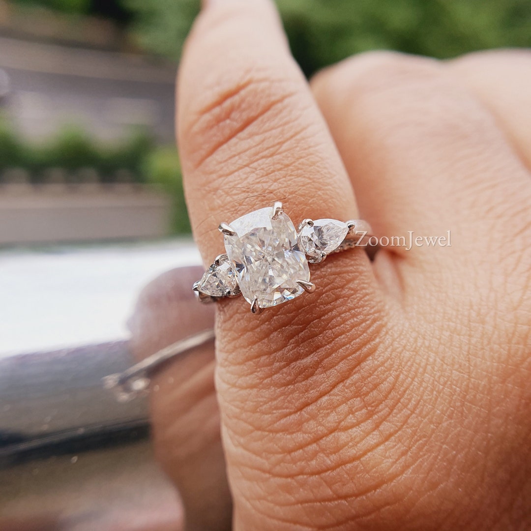 Antique Elongated Cushion Cut Diamond Ring, Pear Shaped Three