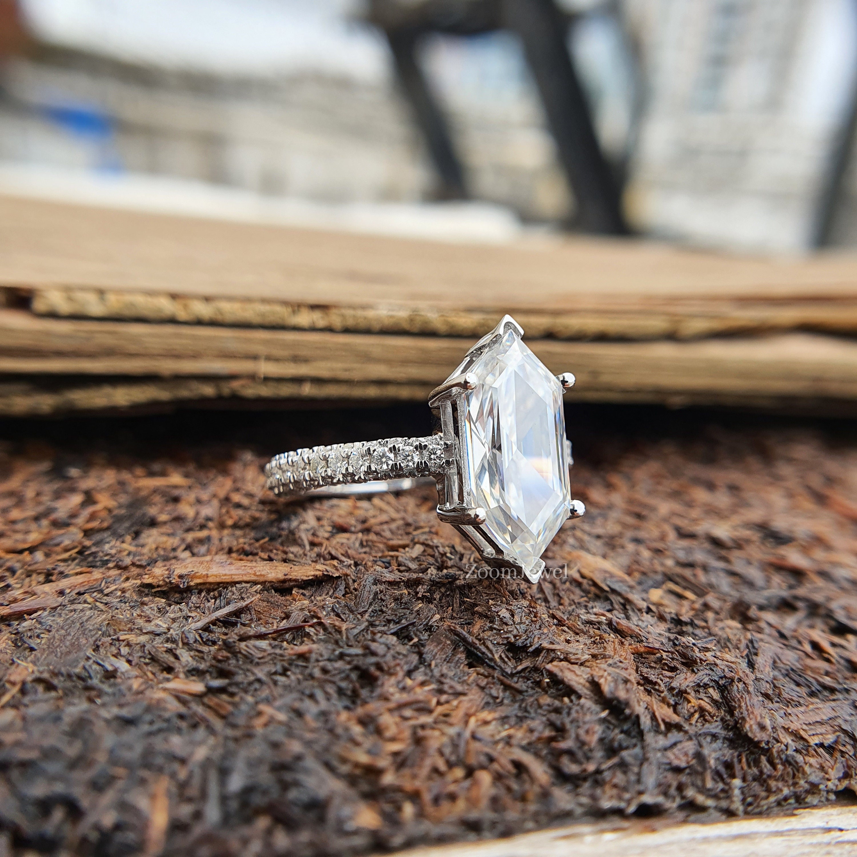 Long Dimond Rings Elongated Hexagon Engagement Ring| 3/4 Eternity Solitaire Wedding Ring ...