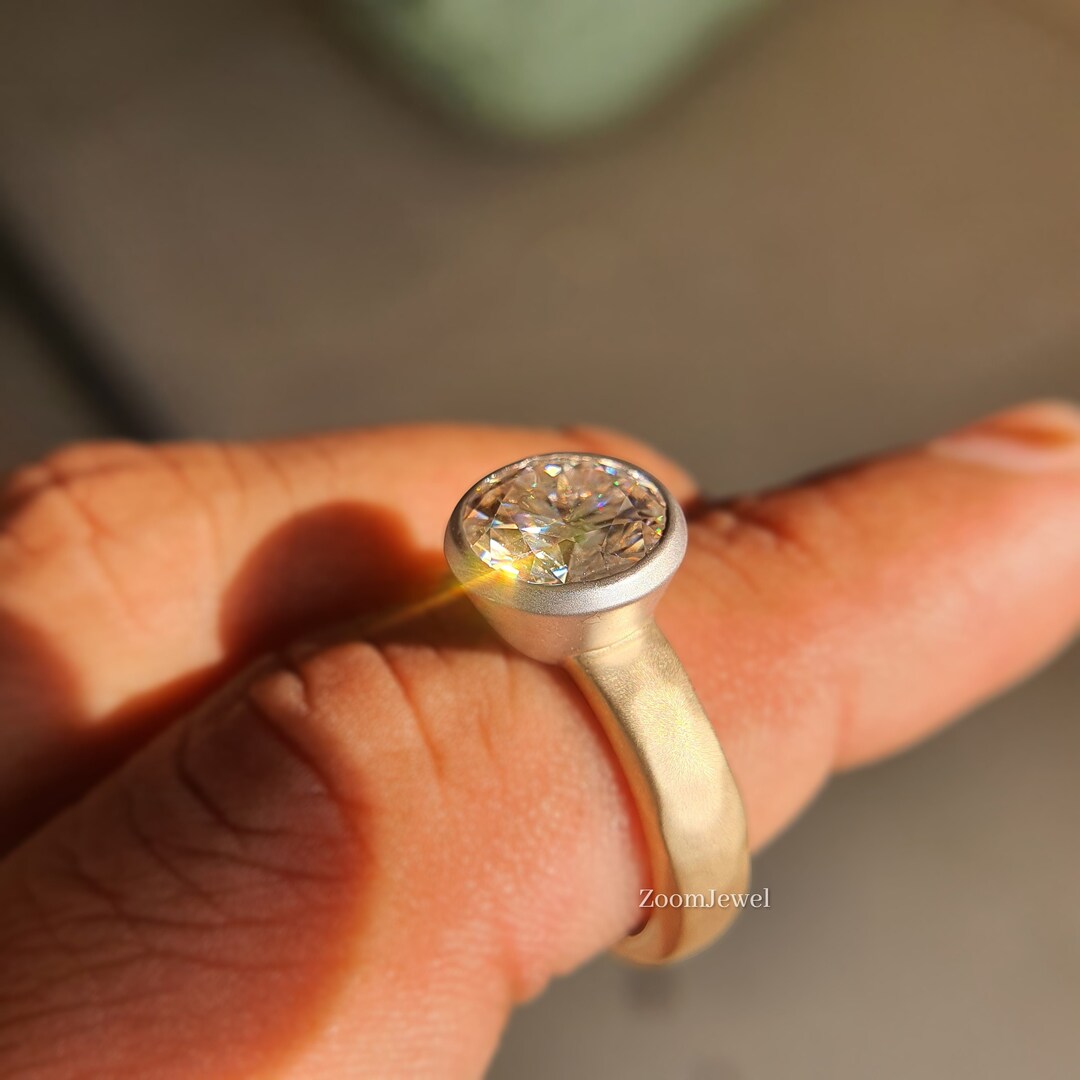 Hammered Ring Antique Two Tone Solitaire Ring Bezel Setting Engagement