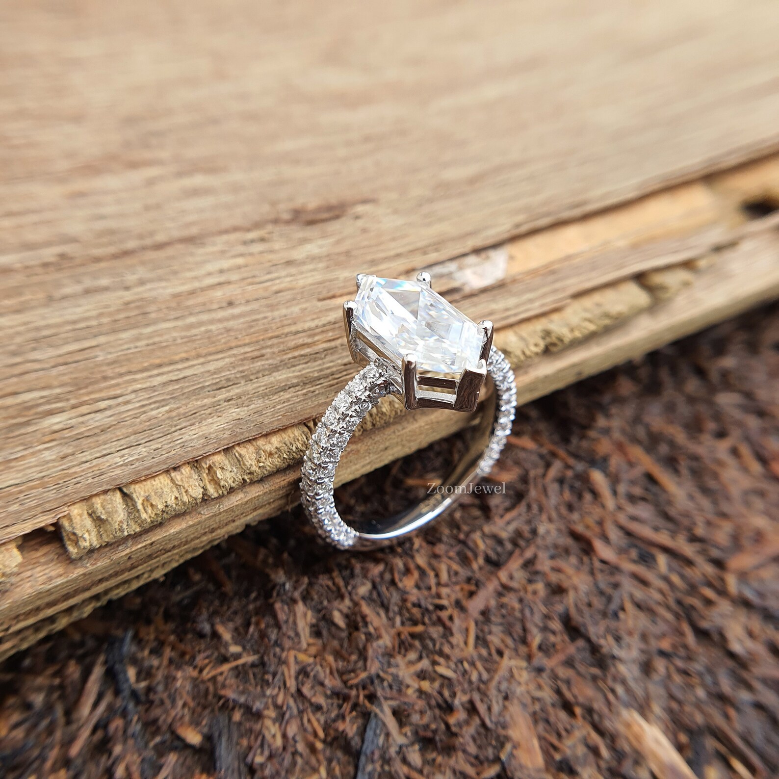 Long Dimond Rings Elongated Hexagon Engagement Ring| 3/4 Eternity Solitaire Wedding Ring ...