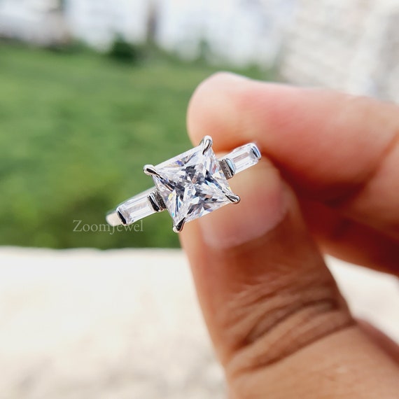 Colorless Moissanite Three Stone Ring Princess Cut Engagement