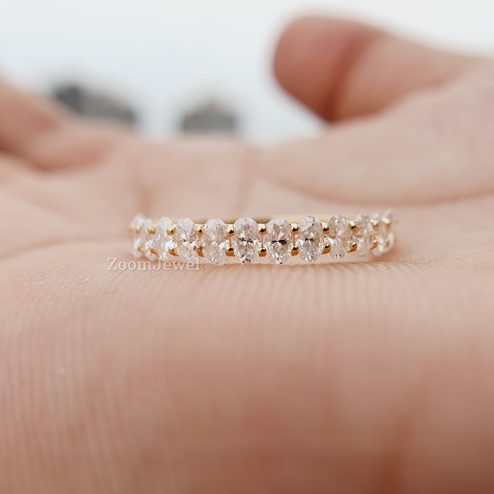 Unique Oval Diamond Wedding Band Woman Solid Yellow Gold | Etsy