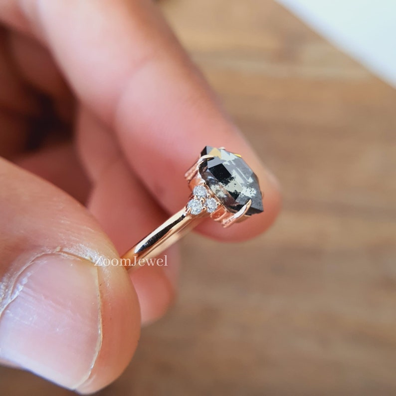 Grey Moissanite Salt and Pepper Diamond Ring Dainty Hexagon Etsy