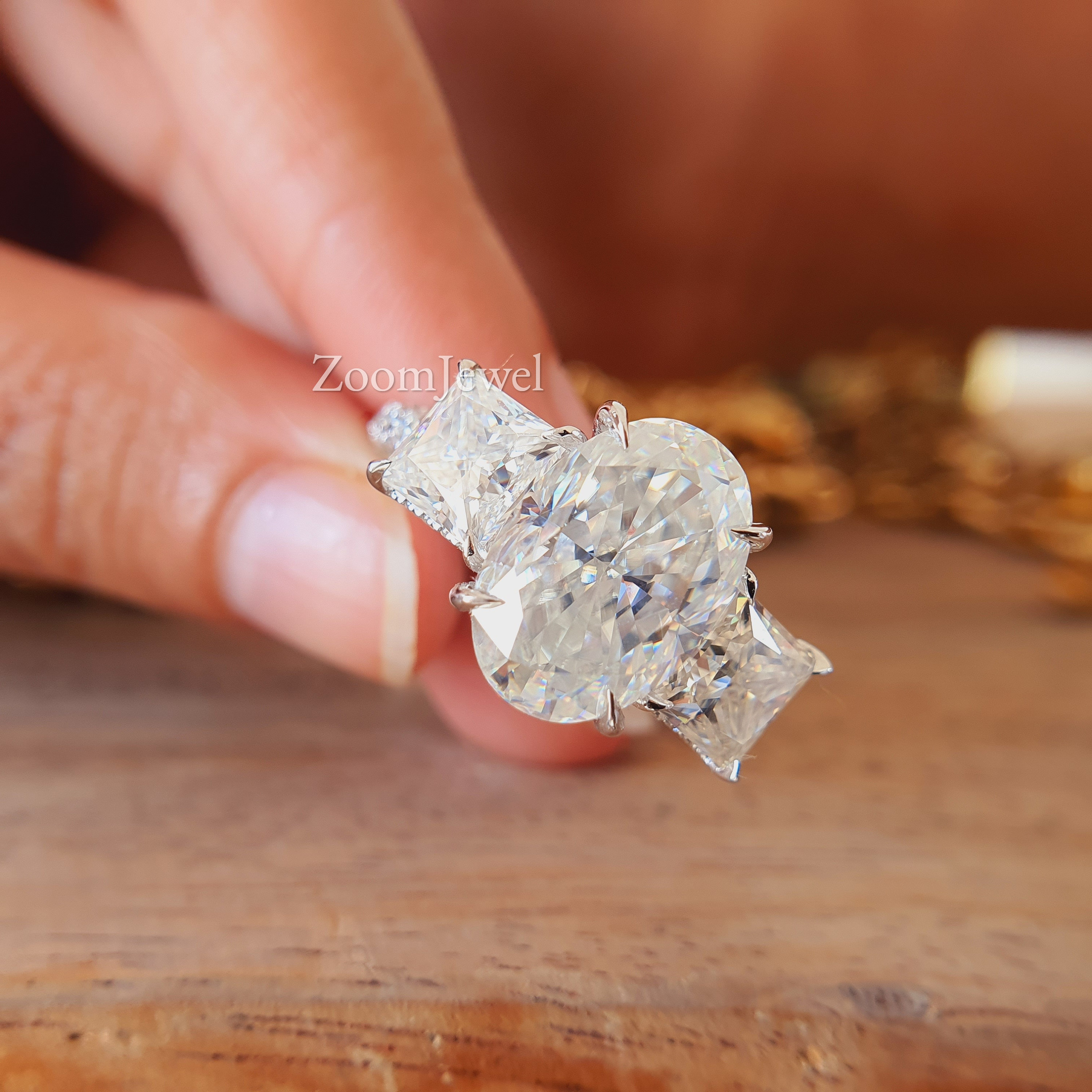 9.86ctw Hidden Halo Diamond Rings| Three Stone Oval Engagement 