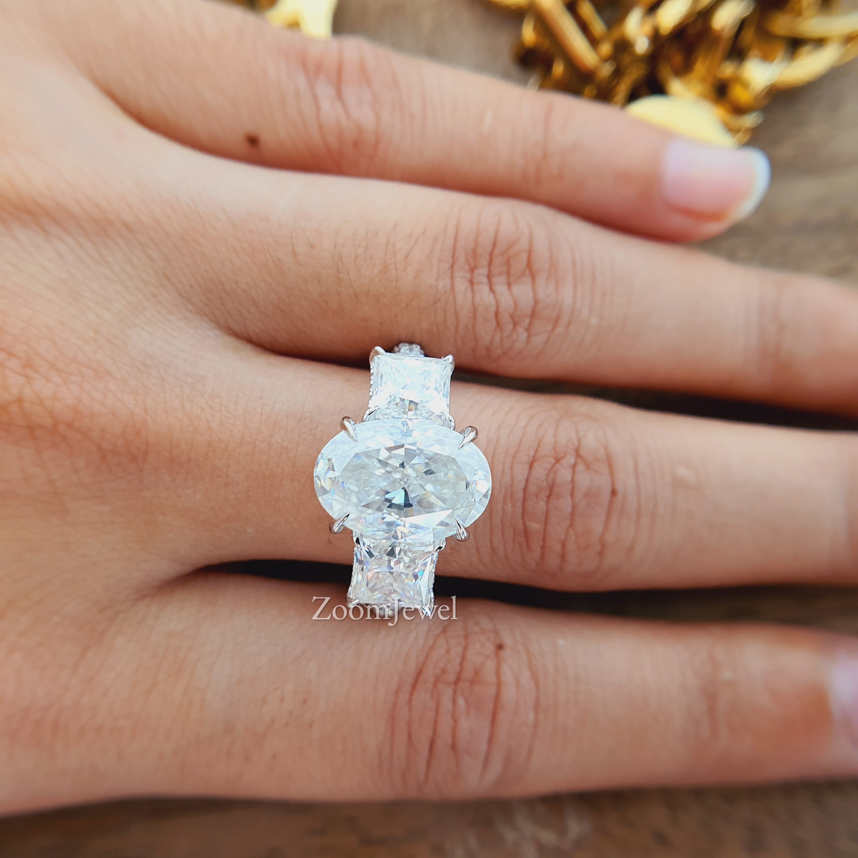 9.86ctw Hidden Halo Diamond Rings| Three Stone Oval Engagement 