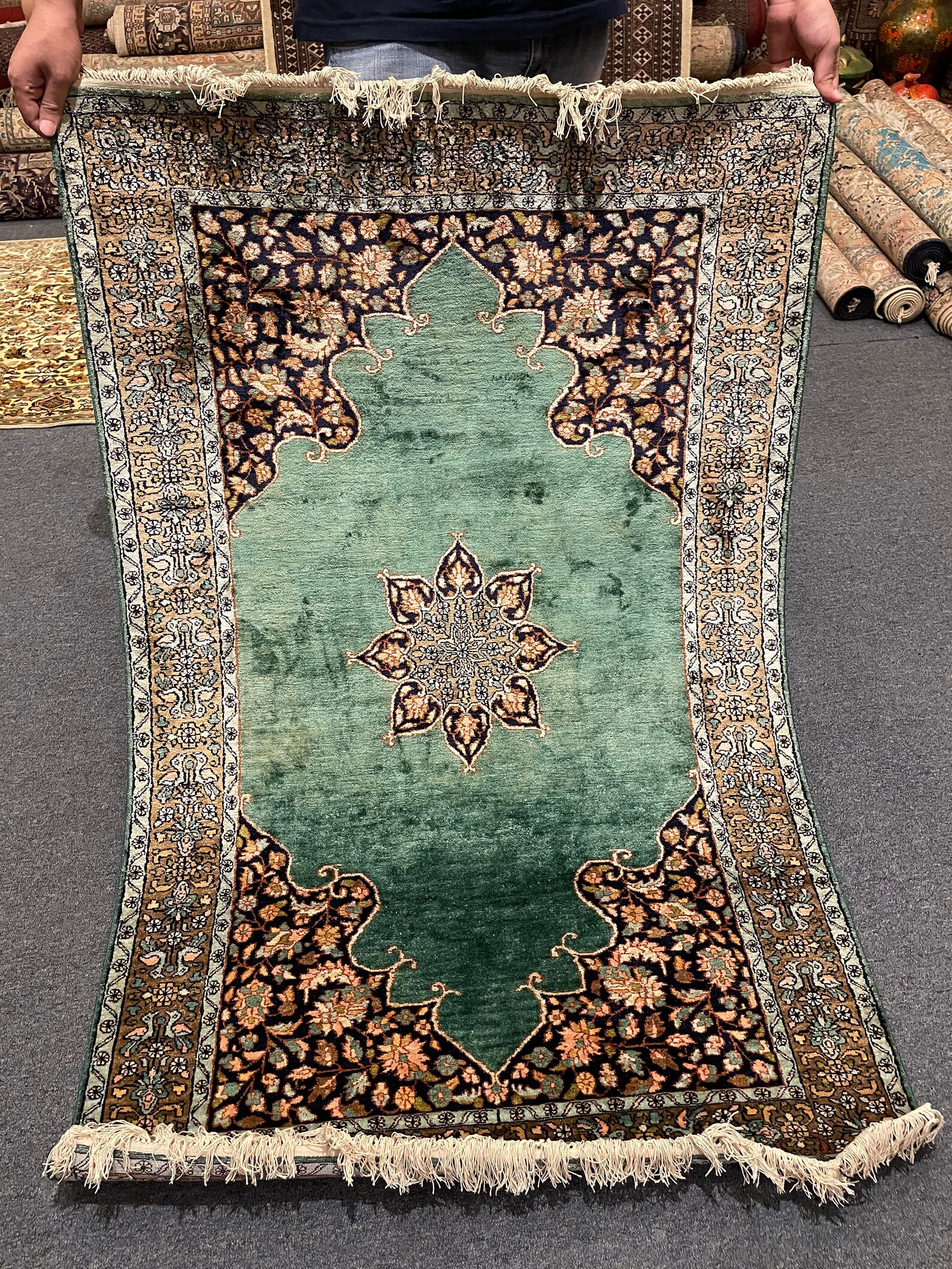 Premium Indian Handmade Silk On Cotton Carpet Kashmiri Etsy