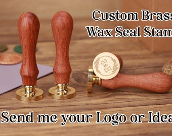 May include: Two wooden-handled brass wax seal stamps with a third stamp showing a design of a wreath with the initials "2 & H" engraved inside. The text "Custom Brass Wax Seal Stamp" is displayed above the stamps and the text "Send me your Logo or Idea" is displayed below the stamps.