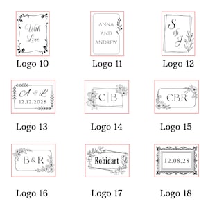 Puede incluir: Una colección de diseños de logotipos en blanco y negro, cada uno dentro de un marco rectangular rojo. Los logotipos presentan elementos florales y botánicos, junto con texto como "With Love", nombres, iniciales y fechas. Los diseños son adecuados para branding.