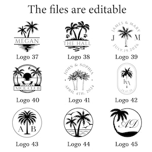 Op de afbeelding: Een verzameling van 10 verschillende zwart-wit logo-ontwerpen met palmbomen. De logo's zijn genummerd van 37 tot en met 45.
