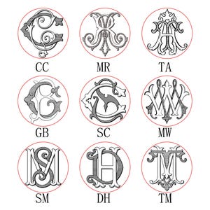 Sello de lacre con monogramas clásicos, letras entrelazadas, juego de iniciales, sello de lacre con escudo vintage, regalo de boda.