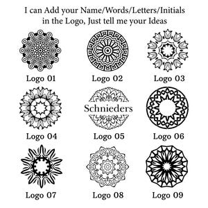 Könnte beinhalten: Neun schwarz-weiße Mandala-Designs werden gezeigt, jedes mit einem einzigartigen, komplizierten Muster. Der Text "I can Add your Name/Words/Letters/Initials in the Logo, Just tell me your Ideas" steht oben. Jedes Design ist mit einer Nummer von 01 bis 09 versehen.