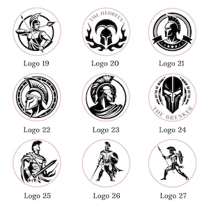 Może przedstawiać: Kolekcja dziewięciu okrągłych logo w czerni i bieli, przedstawiających ilustracje starożytnych greckich wojowników i hełmów. Każde logo jest oznaczone tekstem "Logo" i numerem. Niektóre logo zawierają tekst, np. "THE HEDREUL" i "THE BRENKER".
