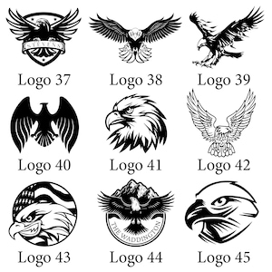 Puede incluir: Nueve diseños de logo de águila en blanco y negro. Los logotipos presentan diferentes poses de águila, incluyendo volando, posado y primeros planos. Algunos logotipos incluyen texto, como "STEVENS" y "THE WADDINGTON".