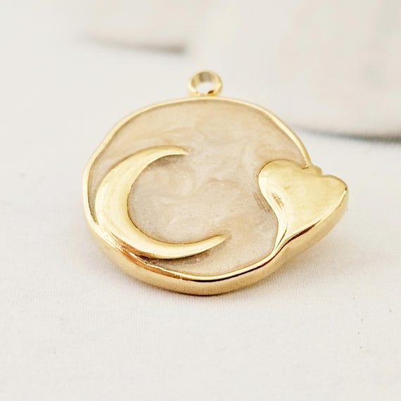 Mond Herz echt vergoldet Edelstahl Anhänger Emaille Charms rund romantisch Schmuckanhänger