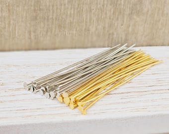 10 stainless steel headpins, 45 mm and 50 mm, with head, gold/silver color, metal pins, rivet pins, 0.7 mm thickness, for threading