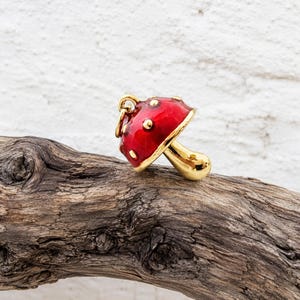 Enamel mushroom pendant, genuine 18k gold plated, fly agaric, 3D design with eyelet, romantic jewelry pendant, red and gold
