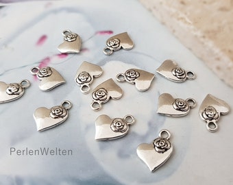 20 Herz Charms Blume Herzen Rose Charm Anhänger Metall Fb. silber Herz-Anhänger Herz-Charms klein Metallherz Armbandanhänger Herzchen