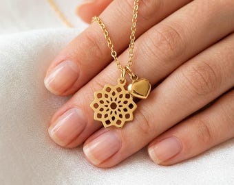 Mandala Heart Necklace, Stainless Steel Link Chain, Women's Gold-Plated Lobster Clasp