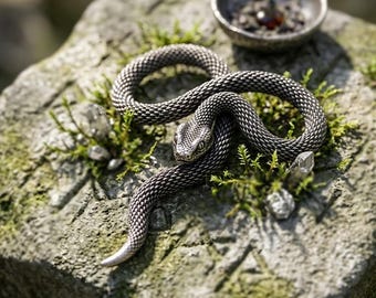 Snake Surgeon. Stainless steel pendant, intertwined reptile, three-dimensional silver chain pendant, snake jewelry, large XL pendant.