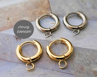 6 hoop earrings, 24k gold plated, surgical stainless steel post, silver, for pendants with eyelet, 13 mm