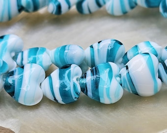 3 Heart-shaped beads, white turquoise glass beads, 16 mm, lampwork, handmade glass art beads
