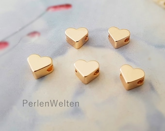8 brass hearts, 6 mm, gold-plated, heart beads, gold color, bracelet beads, metal hearts